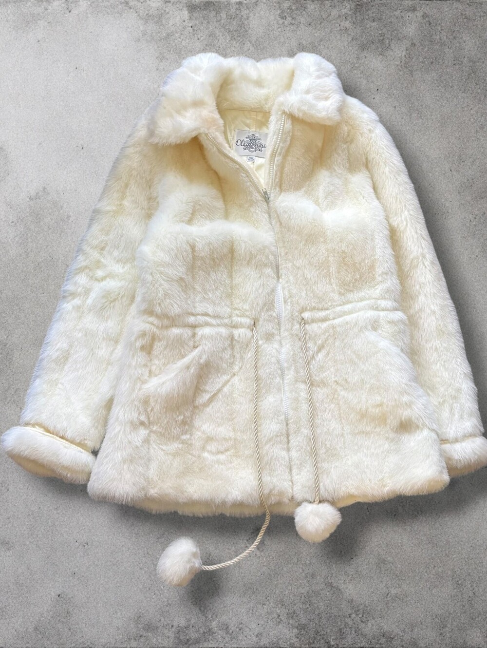 Vintage Oleg Cassini White Faux Fur Coat Old Money Luxury Women Small Zip Up
